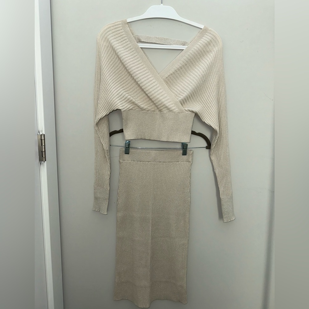Cream Ribbed Knit Shimmery Sweater and Skirt Set